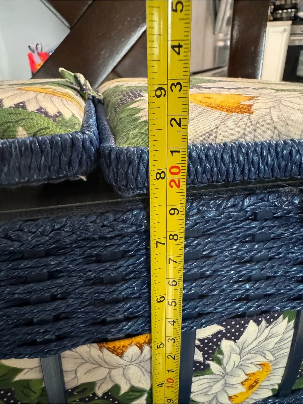 Vtg Wicker Sewing Basket Blue With Sunflowers Storage Box With Handle